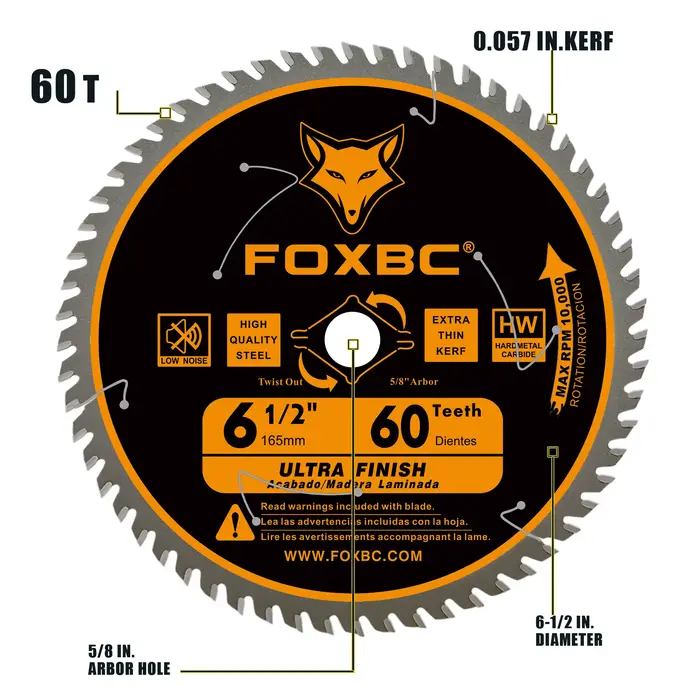 FOXBC 165mm Lames de scie circulaire 60 dents finition ultra fine coupe du bois 1 pièces