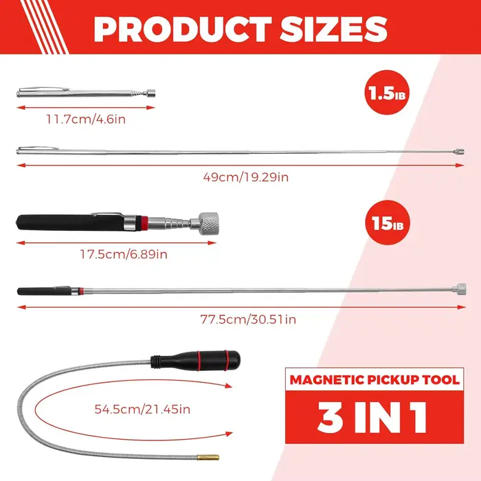 Ensemble de 3 outils de ramassage magnétiques télescopiques flexibles longs pour la réparation automobile
