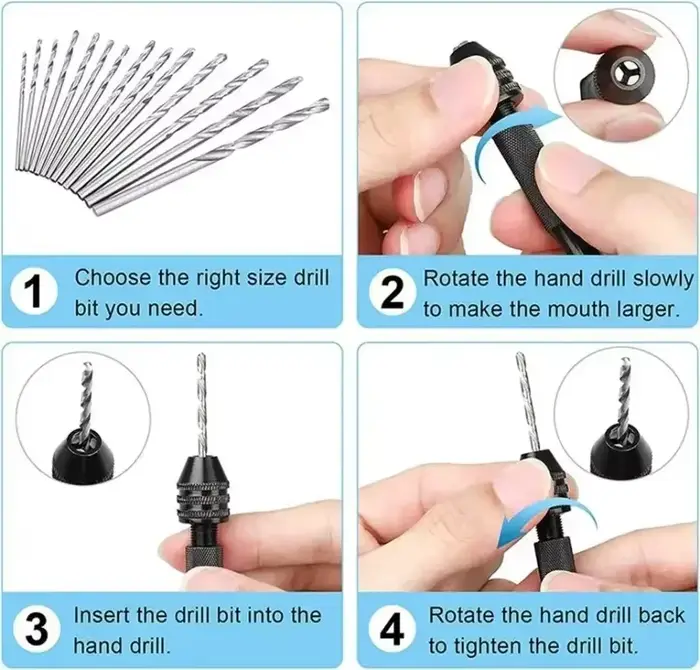 Mini kit d'outils avec perceuse manuelle noire 10 pièces pour le travail du bois