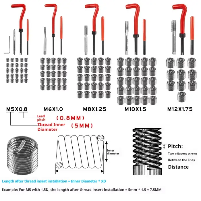 Kit de réparation de filetages DGEV 131 pièces avec inserts Helicoil, manchons, inserts filetés, tarauds et forets pour M5 M6 M8 M10 M12