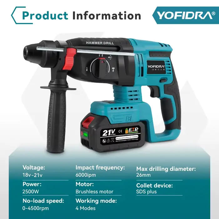 YOFIDRA 26mm marteau rotatif électrique sans brosse sans fil multifonctionnel