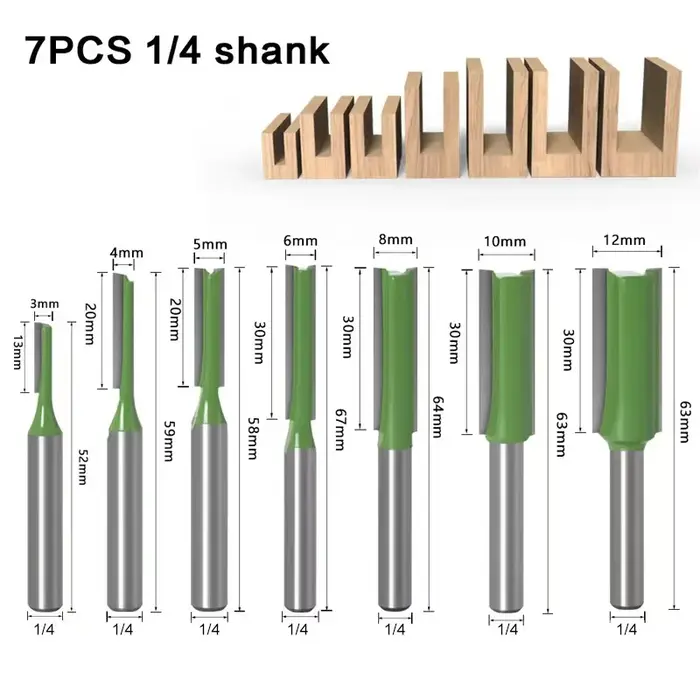 7 pièces 1/4 "6mm tige simple Double cannelure foret droit fraise pour bois 6MM carbure de tungstène routeur peu