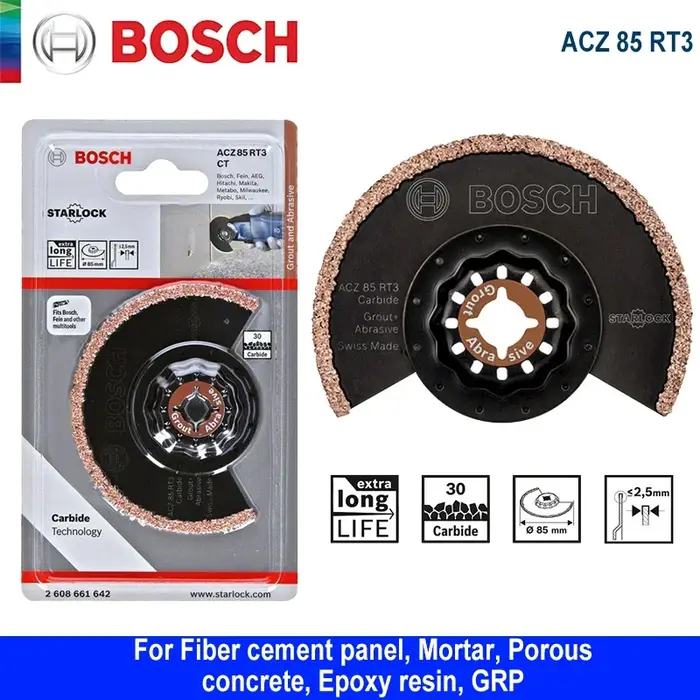 Bosch Starlock lame de scie oscillante ACZ 85 RT3 coulis en carbure + lames abrasives pour panneau de ciment accessoires de rénovation de béton