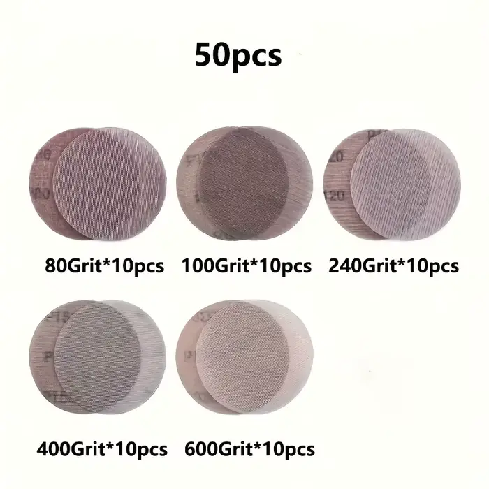 50 disques de ponçage en maille de 5 pouces, grains assortis 80 100 240 400 600, tampons de ponçage 