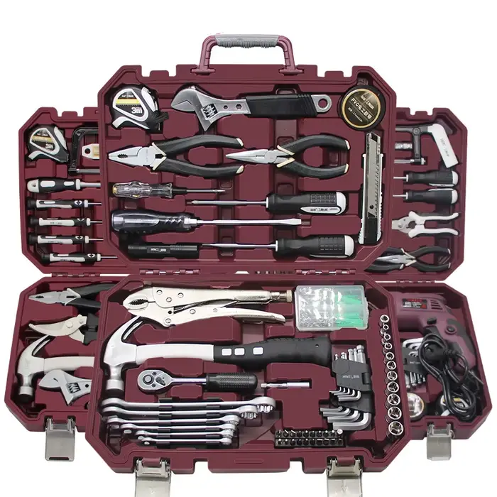 Boîte à outils polyvalente, matériel ménager, ensemble de réparation combiné d'outils manuels, boîte à outils complète de réparation à domicile, matériau en acier au carbone