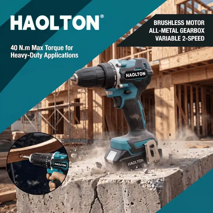 Perceuse sans fil compacte HAOLTON 3/8 pouce 1700 tr/min, perceuse à percussion, moteur sans balais, alimentation électrique au lithium, compatible avec batterie Makita 18V.