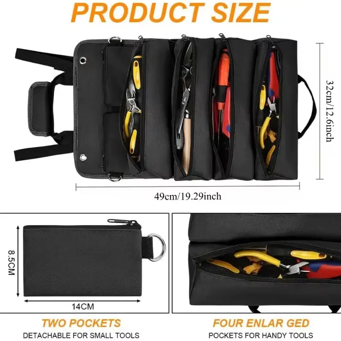 Sac à outils pliable et enroulable avec 2 pochettes zippées détachables
