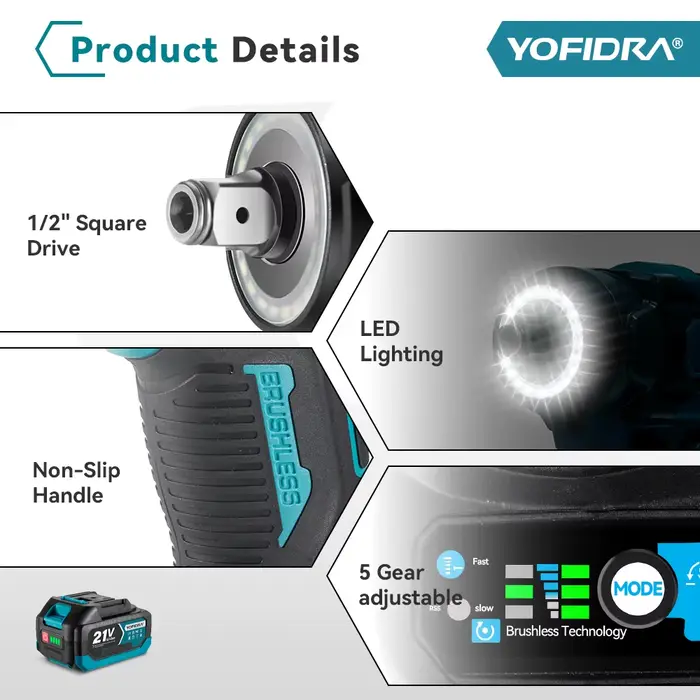 YOFIDRA 5 vitesses 1200N.M couple clé électrique sans brosse tournevis de voiture sans fil outils électriques domestique