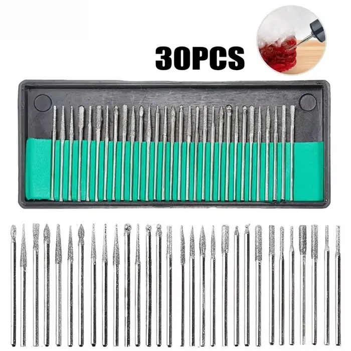 Jeu de 30 fraises diamantées avec étui – tige 2.35/3mm pour outils Dremel et rotatifs