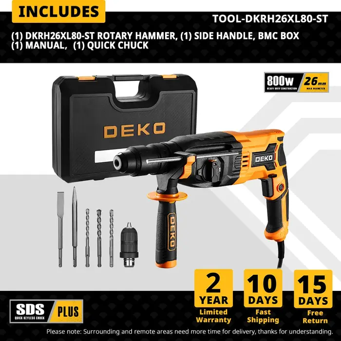 DEKO DKRH26XL80-ST 4 fonctions marteau rotatif électrique accessoires rotatifs multifonctionnels marteau de démolition électrique perceuse à percussion