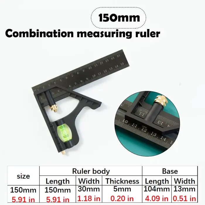 Règle mobile combinée multifonctionnelle 150/200/250mm, rapporteur d'angle, aligneur de niveau, incl