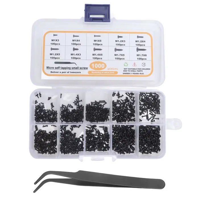 Assortiment de petites vis autotaraudeuses M1 M1.2 M1.4 M1.7 noires à tête cylindrique avec pincettes