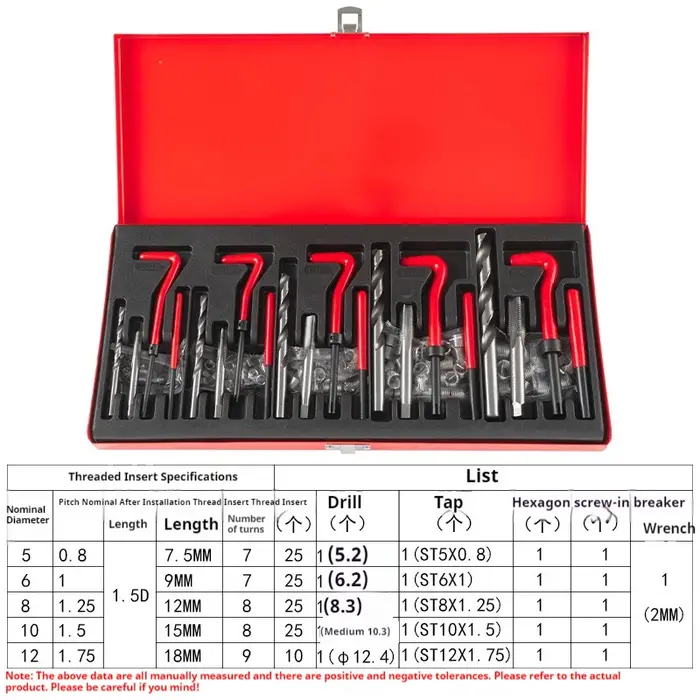 Kit de réparation de filetages DGEV 131 pièces avec inserts Helicoil, manchons, inserts filetés, tarauds et forets pour M5 M6 M8 M10 M12