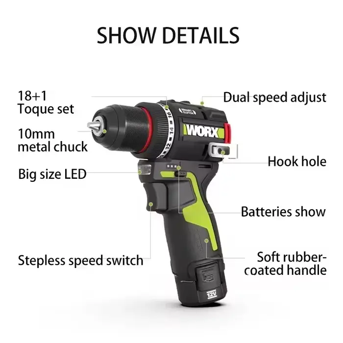 WORX WU135 perceuse électrique sans fil 12V 50Nm 1800 tr/min
