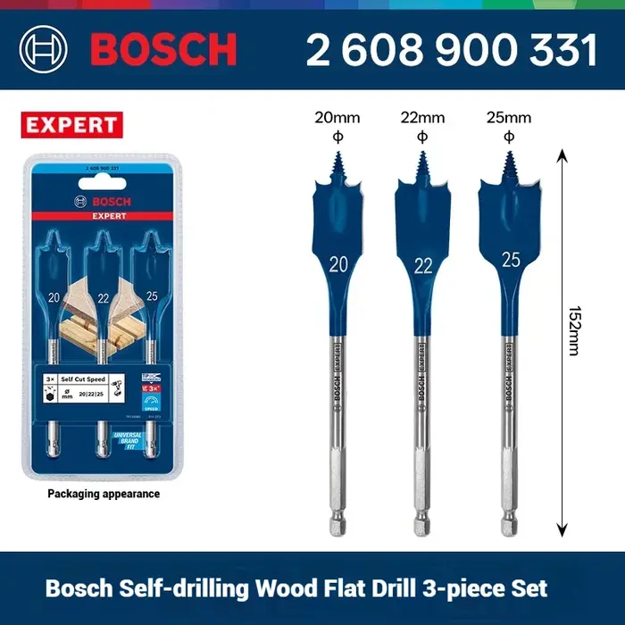 Jeu de forets Bosch EXPERT Self Cut Speed Spade à tige longue pour le travail du bois