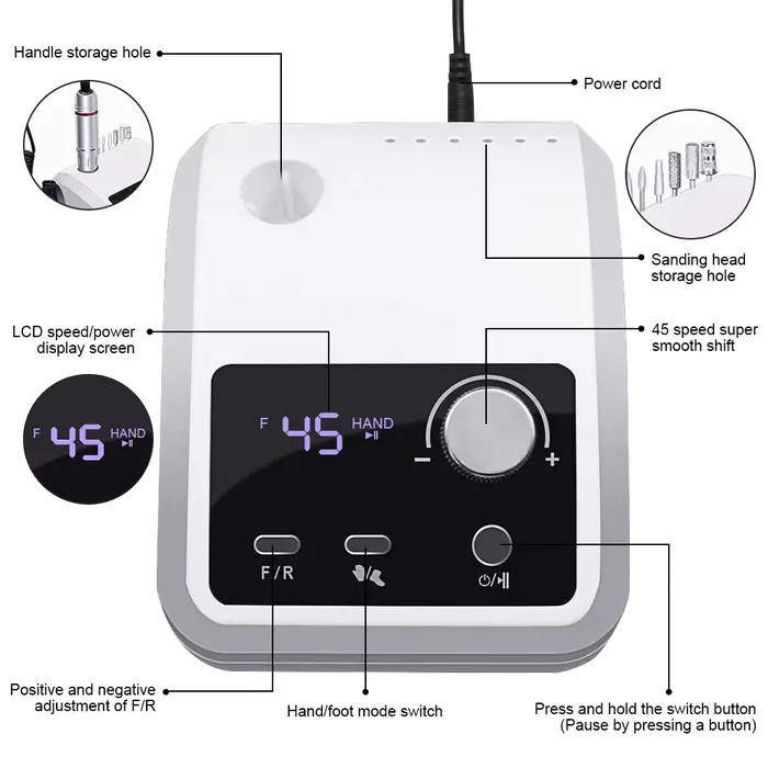 Perceuse à ongles électrique 45000 tr/min, lime électrique, affichage HD, stylo de manucure en métal, ponceuse professionnelle pour tour à ongles