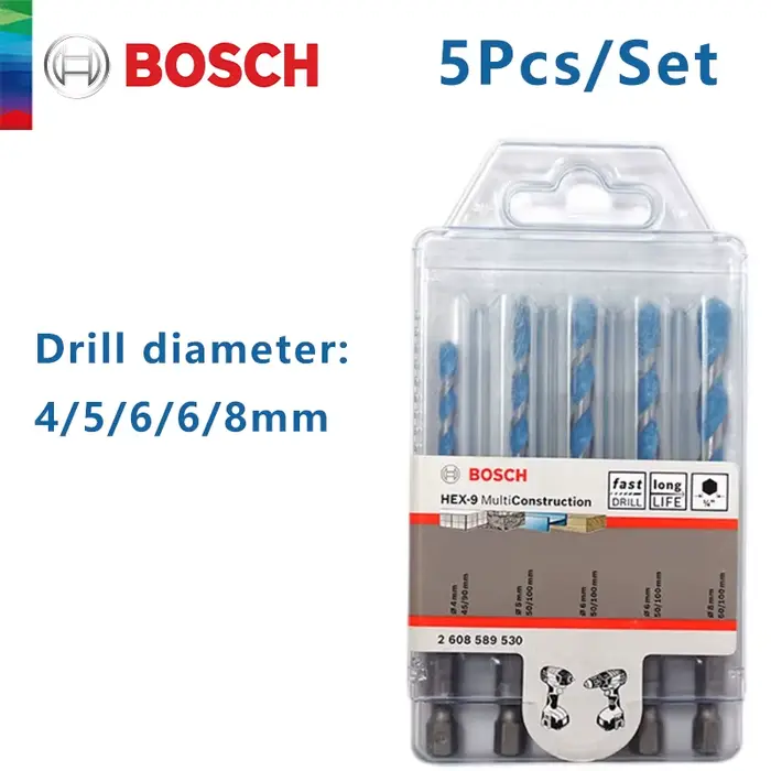 Forets hexagonaux Bosch 4/5/6/6/8mm 5 pièces pour carrelage, bois, verre, céramique, ciment, alliage