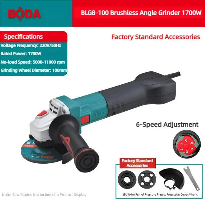 Moteur de meuleuse d'angle sans balais BODA 1700W avec système de refroidissement, coupe à 6 vitesses, meulage, ponçage, polissage pour métal, bois, mur 