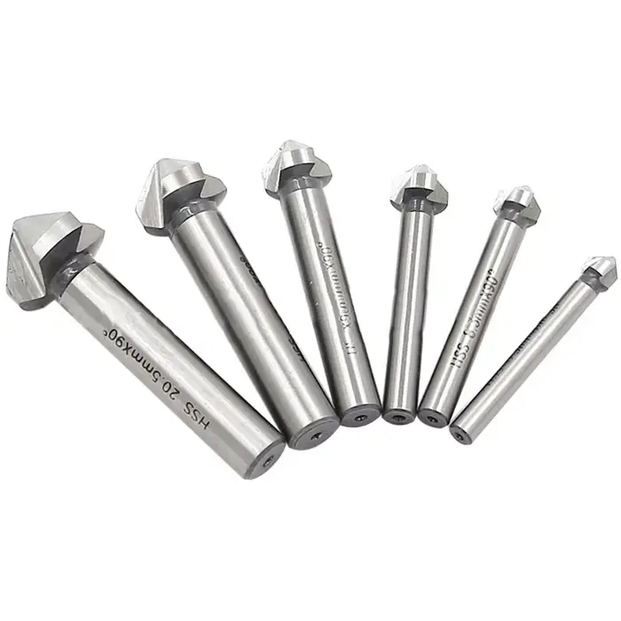 6 pièces/ensemble boîte 6.3-20.5mm chanfreinage fraise 3 cannelures tige ronde 90 degrés HSS fraise