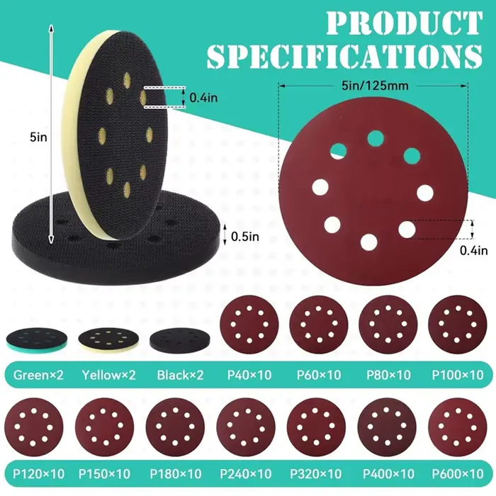 5 pouces 8 trous crochet et boucle ponceuse orbitale tampons en mousse et disques de ponçage 110 pièces