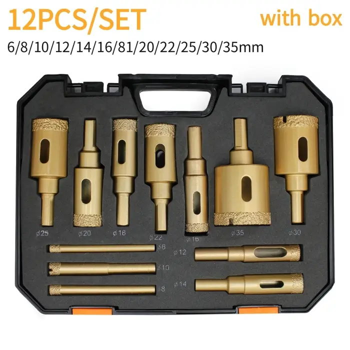Forets à noyau de diamant 6-35mm, Kit de scie cloche brasée sous vide pour carreaux de porcelaine/céramique/marbre, ensemble d'outils de perçage 12 pièces