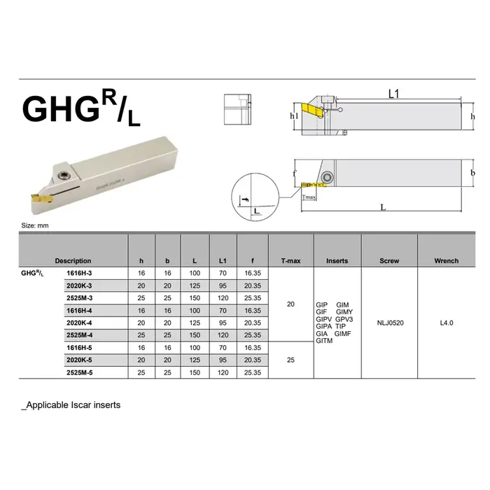 GHDR GHDL GHGR GHGL 1616 2020 2525 -3 4 5 Outil de rainurage GIP GIF GIA GIM TIP ISCAR Porte-inserts