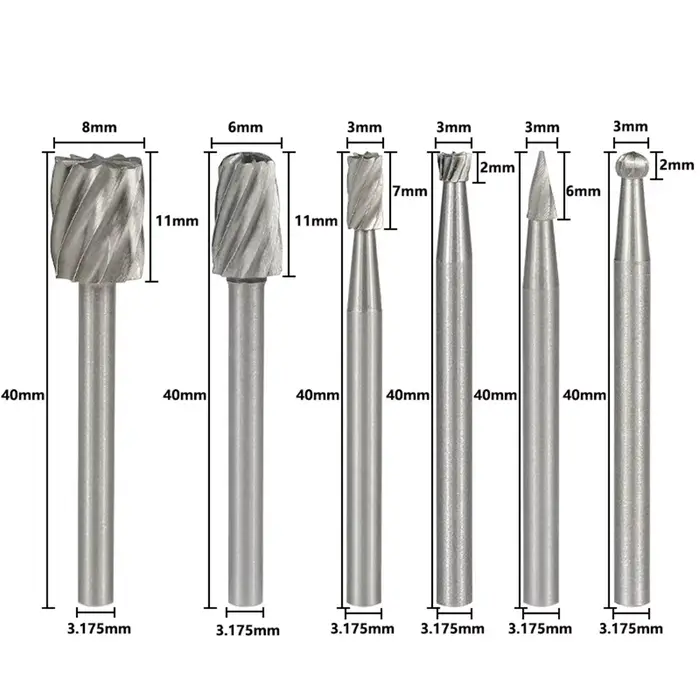 6 pièces outil rotatif Mini foret ensemble 3.1mm tige routeur meulage bavures fraise pour bois métal sculpture abrasif Dremel outil
