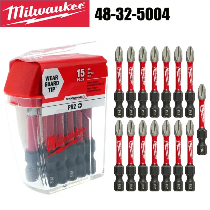 Embouts d'impact Milwaukee PH2 2" (50 mm) – Lot de 15 – Shock Wave 50X LIFE avec boîte en plastique transparente – 48-32-5004