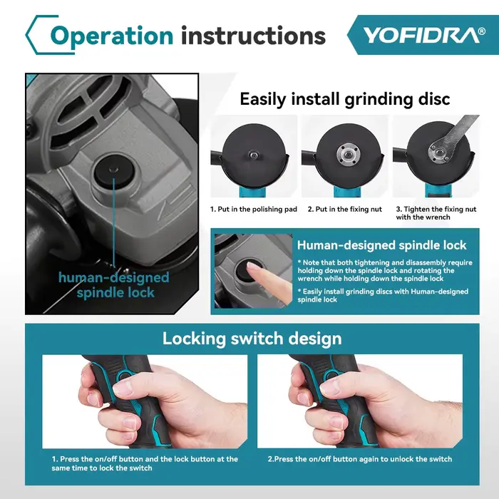 YOFIDRA 125mm meuleuse d'angle sans brosse 3 vitesses sans fil métal bois meulage polissage outil de coupe pour Makita 21V batterie broche