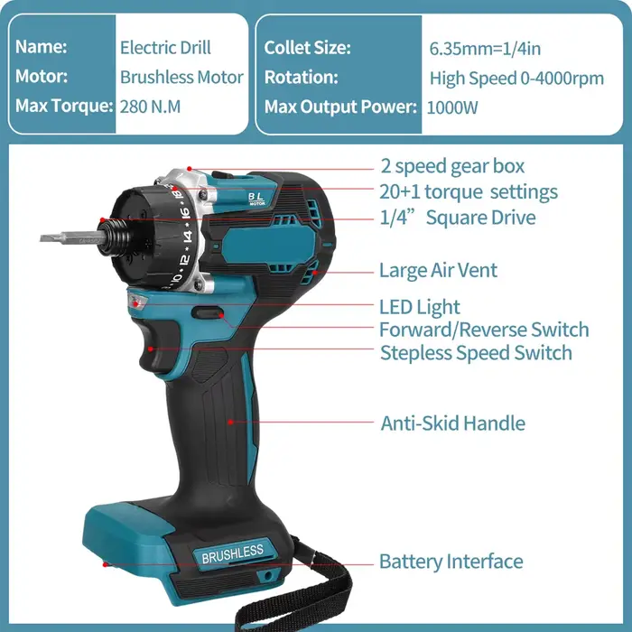Tournevis électrique sans fil, 1000W, couple 20 + 1, 1/4 pouces, sans balais, perceuse électrique, outil électrique pour Makita, batterie 18V 280N.m