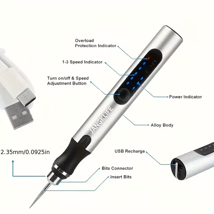 JANGKLIFE USB Kit d'outils rotatifs sans fil stylo de gravure sur bois bricolage pour bijoux métal verre Mini perceuse sans fil