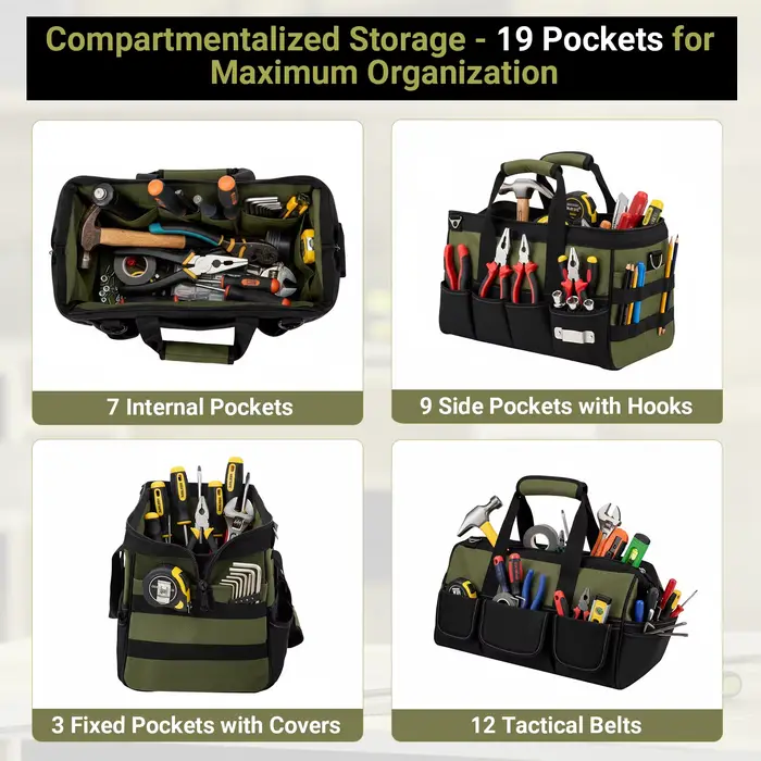 Sac à outils professionnel avec 21 compartiments, rangement d'outils pour électriciens, mécaniciens, artisans, poignées souples, cadeau pour hommes et pères