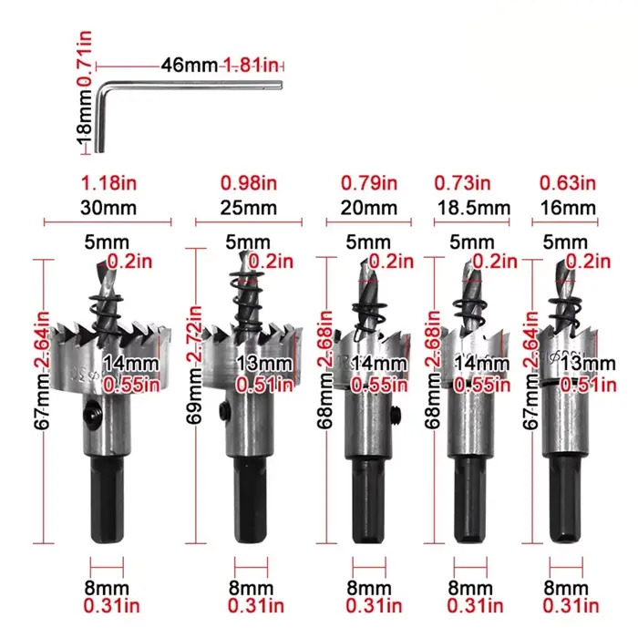 JENTORIX 5 pièces, ouvre-trou en acier rapide de 16-30 mm, kit de scie cloche avec clé, jeu de foret