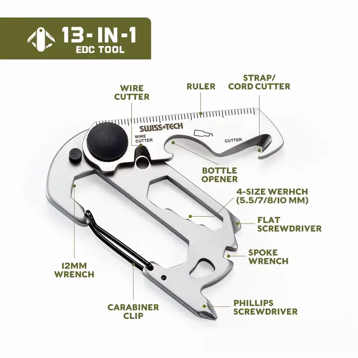 SWISS TECH 13 en 1 Mini outils multifonctionnels portables petit outil EDC de poche Kit multi-outils mousqueton pince randonnée Camping Gadgets