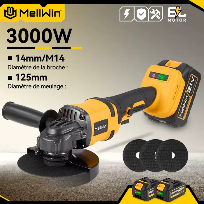 MELLWIN 125MM meuleuse d'angle électrique sans brosse M14 sans fil métal bois meulage polissage outil de coupe pour Makita 18VBattery broche