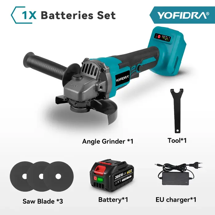 YOFIDRA 125mm meuleuse d'angle sans brosse 3 vitesses rectifieuse sans fil coupe outil de travail du bois adapté pour Makita 18V batterie broche