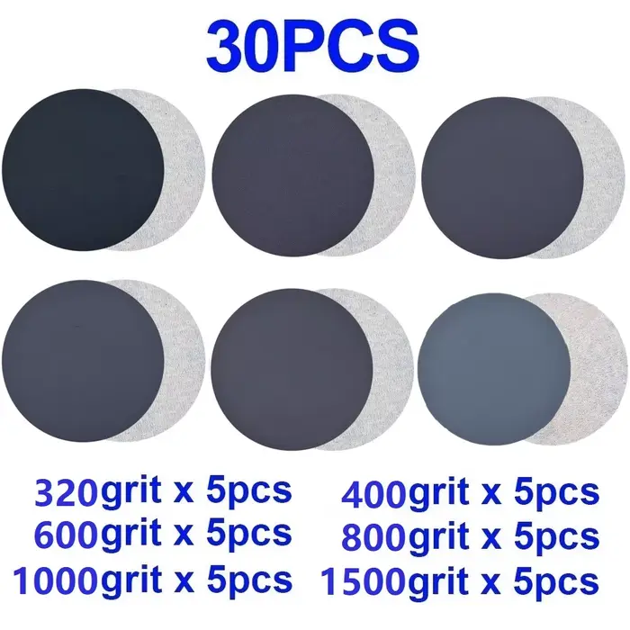 30 pièces 3 pouces 75mm disques abrasifs papier de verre humide/sec 320, 400, 600, 800, 1000, 1500 g