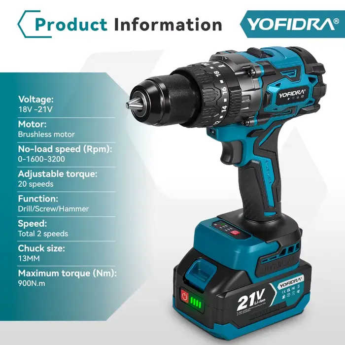 YOFIDRA 900N.M 3200 tr/min perceuse à percussion électrique sans brosse 13mm marteau