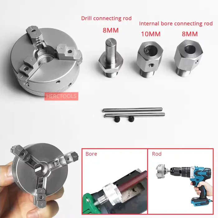 Mandrin à trois mâchoires mini de 50 mm pour tour, meuleuse d'établi, perceuse électrique, en alliage d'aluminium, auto-centrant, pour le travail du bois