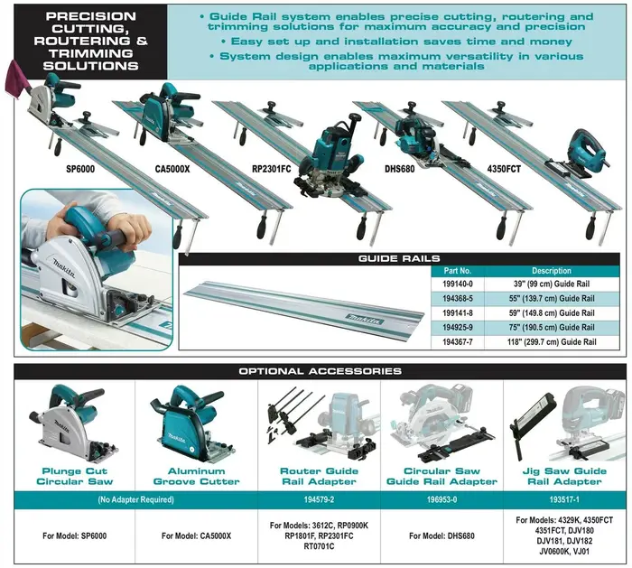 Rail de guidage pour scie plongeante Makita 199140-0 100cm 39" pour SP6000 GA5000X RP2301FC DSH680 RT0700C en aluminium