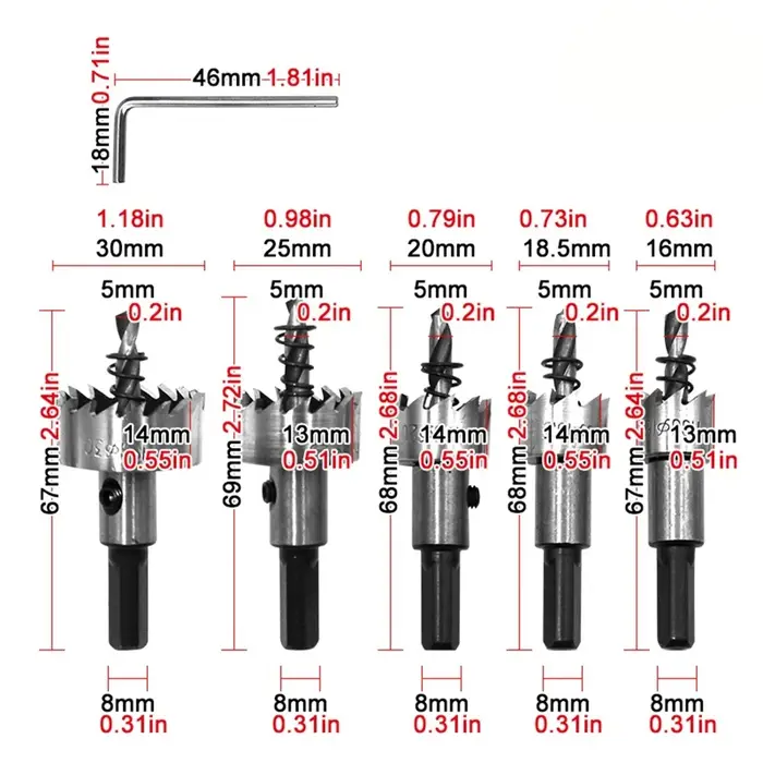 JENTORIX 5 pièces, ouvre-trou en acier rapide de 16-30 mm