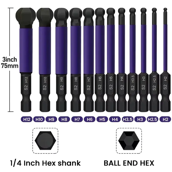 Embouts de tournevis à extrémité sphérique de 65mm, 12 pièces, tige hexagonale de 1/4 pouces, jeu d'