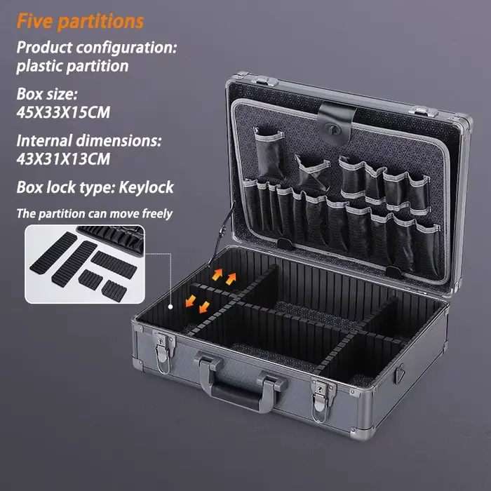 Mallette à outils multifonctionnelle en alliage d'aluminium, boîte de rangement pour outils de quinc