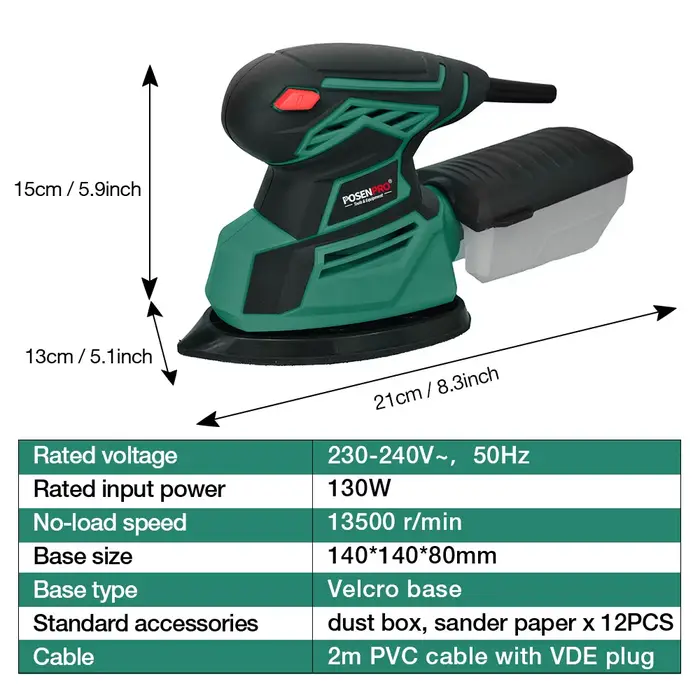 Ponceuse électrique multi-détails 130W avec port d'extraction de poussière et 12 feuilles de papier de ponçage pour la décoration intérieure et le traitement du mobilier