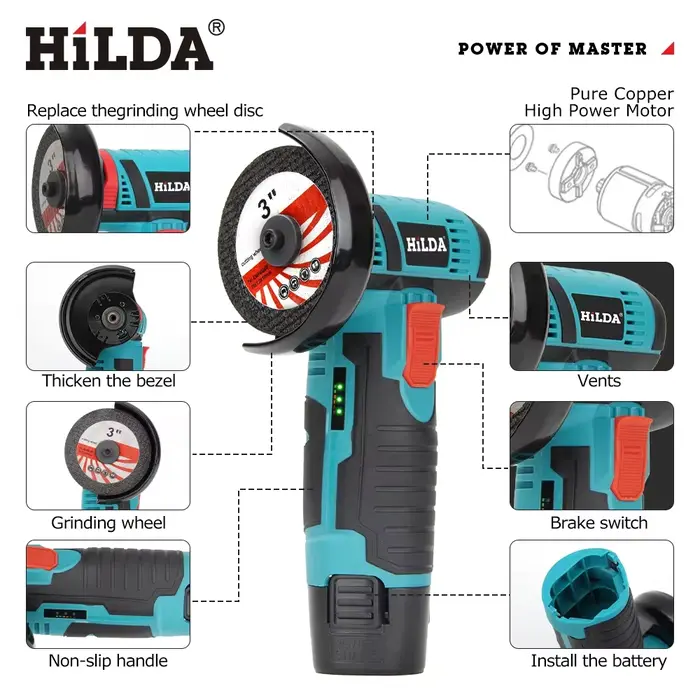 HILDA 12v Mini meuleuse d'angle 3 pouces outil électrique sans fil pour couper le polissage et le meulage du diamant