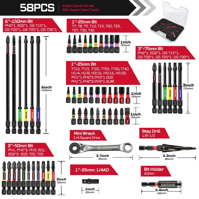 Geinxurn 58 pièces ensemble d'outils emballés avec des embouts de tournevis à percussion