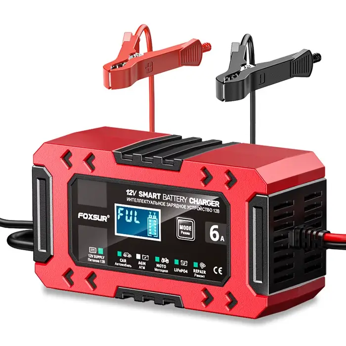 FOXSUR chargeur de batterie de voiture entièrement automatique 12V 6A affichage numérique chargeur d