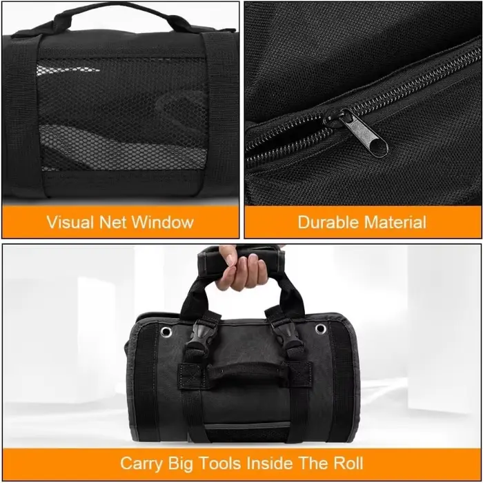 Sac à outils pliable et enroulable avec 2 pochettes zippées détachables
