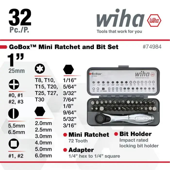 Wiha 32 pièces GoBox, jeu de clés à cliquet multifonctionnelles miniatures