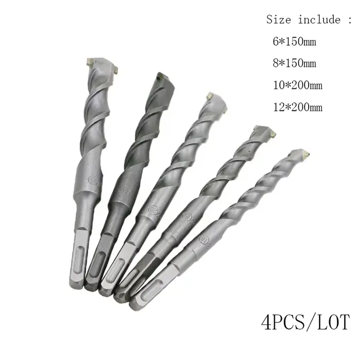 Lot de 4 mèches de perçage SDS pour marteau perforateur électrique, 6-12mm*150/200mm, à spirale rapi